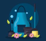 apron bucket plunger broom flowers spring cleaning tools vector illustration