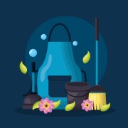 apron bucket plunger broom flowers spring cleaning tools vector illustration