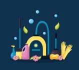 vacuum broom gloves plunger spray spring cleaning tools vector illustration