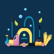 vacuum broom gloves plunger spray spring cleaning tools vector illustration